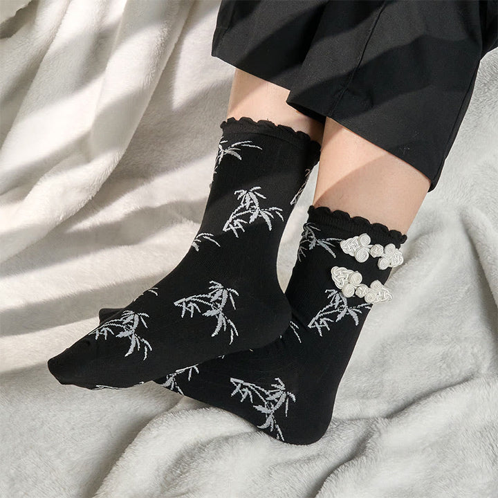 Skarpetki damskie z mikro zapięciem na guziki z motywem żaby Buddha Stones w chińskim stylu, z bambusa i żakardu - image 4