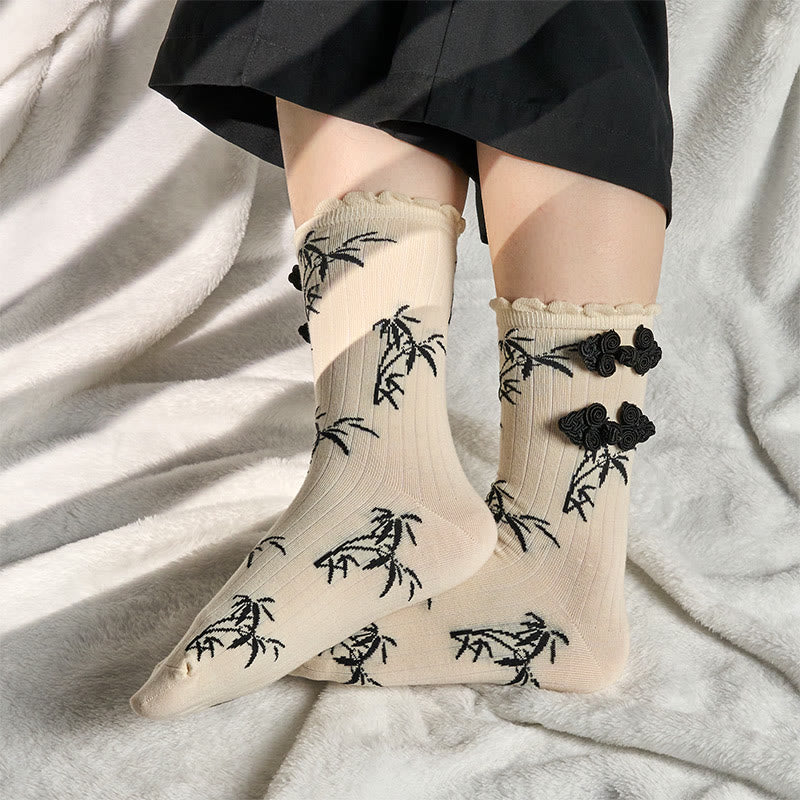 Skarpetki damskie z mikro zapięciem na guziki z motywem żaby Buddha Stones w chińskim stylu, z bambusa i żakardu - image 13