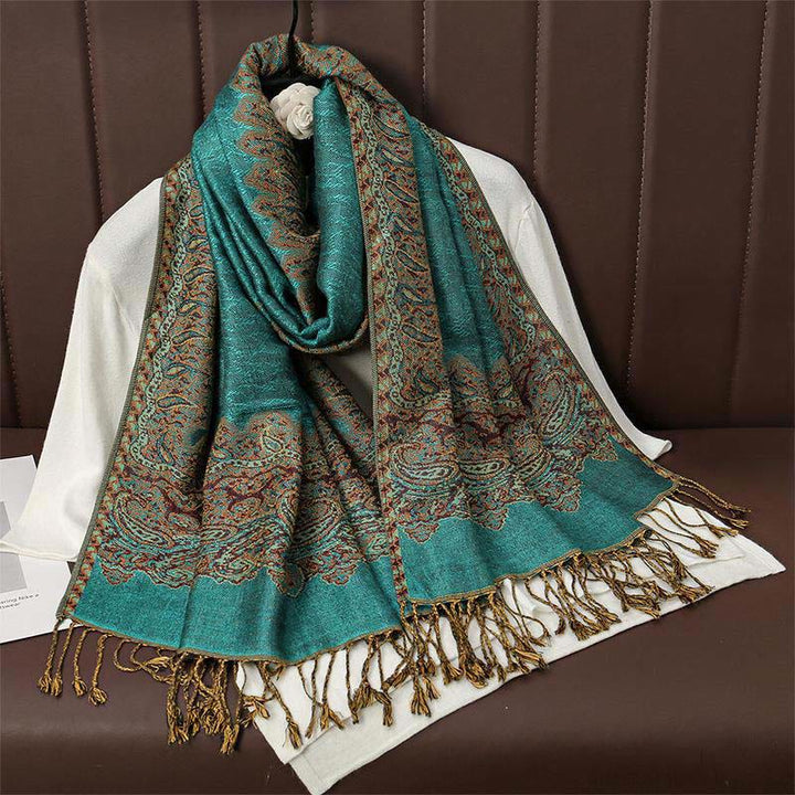Zimowy, etniczny, tybetański, żakardowy szal z frędzlami i nadrukiem paisley w Buddha Stones - LightSeaGreen - 70*190 cm - image 8