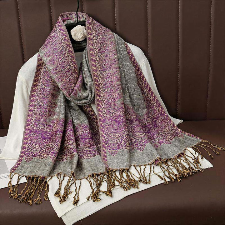 Zimowy, etniczny, tybetański, żakardowy szal z frędzlami i nadrukiem paisley w Buddha Stones - Ciemna Magenta - 70*190 cm - image 9