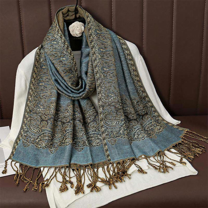 Zimowy, etniczny, tybetański, żakardowy szal z frędzlami i nadrukiem paisley w Buddha Stones - LightSteelBlue - 70*190 cm - image 5