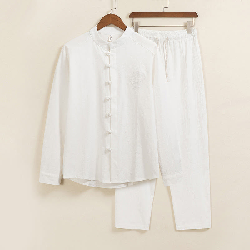 Buddha Stones, 2 szt., gładki męski komplet koszuli z długim rękawem i spodniami bawełnianymi z kieszeniami i żabką - Biały - US/UK/AU46, EU56 (5XL) - image 1