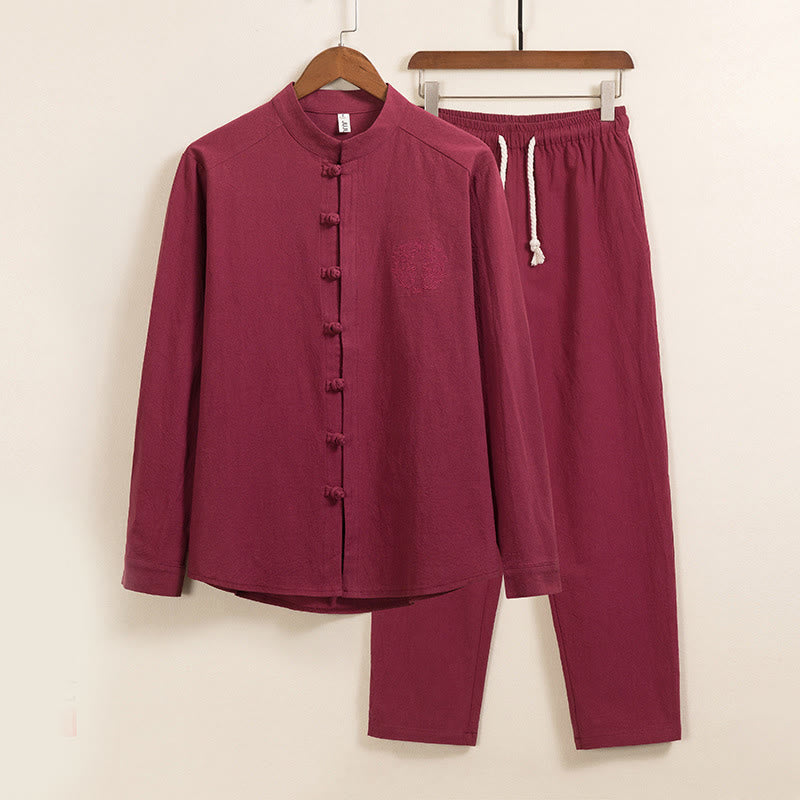 Buddha Stones, 2 szt., gładki męski komplet koszuli z długim rękawem i spodniami bawełnianymi z kieszeniami i żabką - Cegła ogniotrwała - US/UK/AU46, EU56 (5XL) - image 2