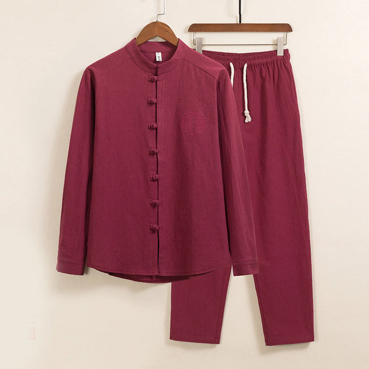 Buddha Stones, 2 szt., gładki męski komplet koszuli z długim rękawem i spodniami bawełnianymi z kieszeniami i żabką - Cegła ogniotrwała - US/UK/AU46, EU56 (5XL) - image 2