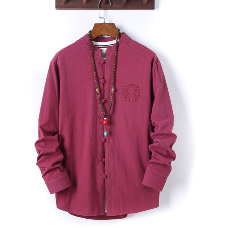 Buddha Stones, 2 szt., jednolity kolor, męski, bawełniany komplet koszuli z długim rękawem i spodniami, zapinany na guziki żaby, z kieszeniami - image 31