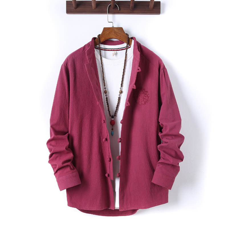 Buddha Stones, 2 szt., jednolity kolor, męski, bawełniany komplet koszuli z długim rękawem i spodniami, zapinany na guziki żaby, z kieszeniami - image 30