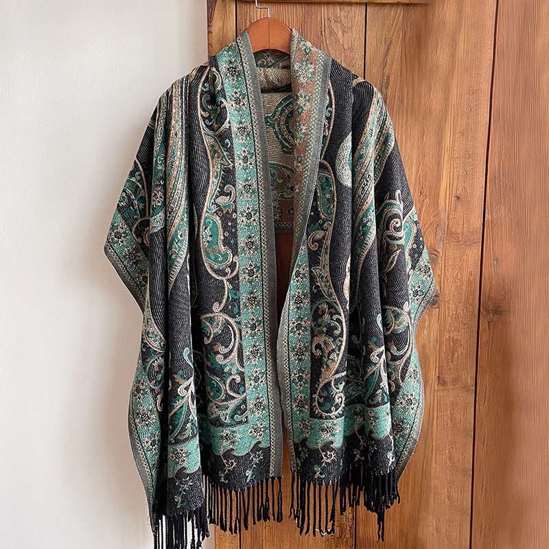Zimowy, termiczny szal do pracy z motywem paisley i kwiatowym wzorem z frędzlami i ozdobnymi Buddha Stones - image 6