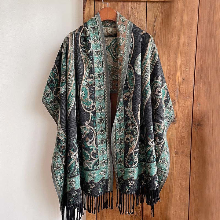Zimowy, termiczny szal do pracy z motywem paisley i kwiatowym wzorem z frędzlami i ozdobnymi Buddha Stones - image 6