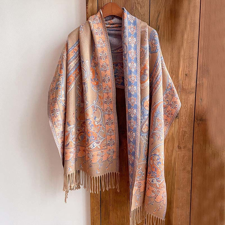Zimowy, termiczny szal do pracy z motywem paisley i kwiatowym wzorem z frędzlami i ozdobnymi Buddha Stones - image 14
