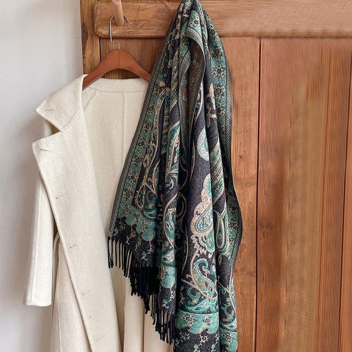 Zimowy, termiczny szal do pracy z motywem paisley i kwiatowym wzorem z frędzlami i ozdobnymi Buddha Stones - image 7