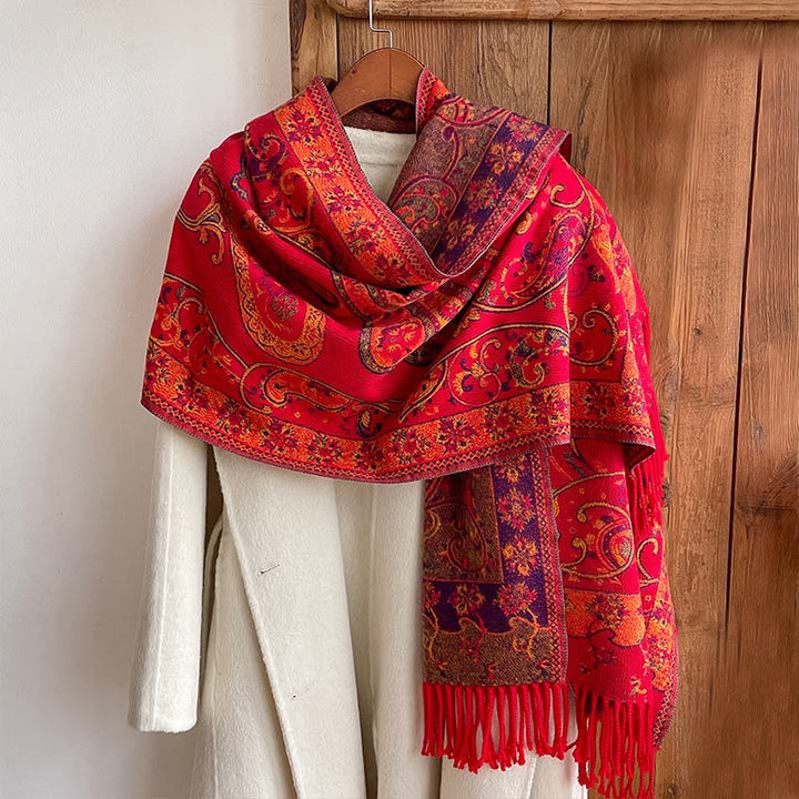 Zimowy, termiczny szal do pracy z motywem paisley i kwiatowym wzorem z frędzlami i ozdobnymi Buddha Stones - image 9