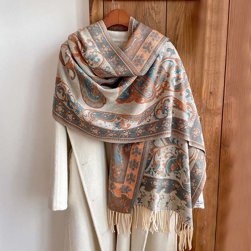 Zimowy, termiczny szal do pracy z motywem paisley i kwiatowym wzorem z frędzlami i ozdobnymi Buddha Stones - image 2