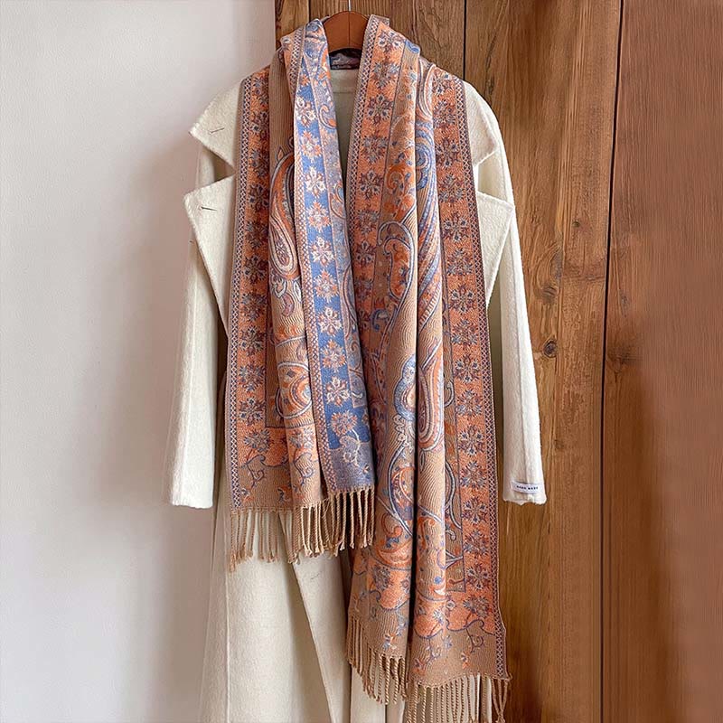 Zimowy, termiczny szal do pracy z motywem paisley i kwiatowym wzorem z frędzlami i ozdobnymi Buddha Stones - image 13