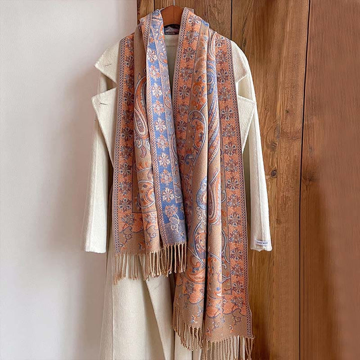 Zimowy, termiczny szal do pracy z motywem paisley i kwiatowym wzorem z frędzlami i ozdobnymi Buddha Stones - image 13