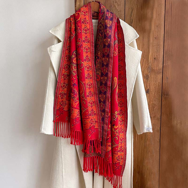 Zimowy, termiczny szal do pracy z motywem paisley i kwiatowym wzorem z frędzlami i ozdobnymi Buddha Stones - image 10