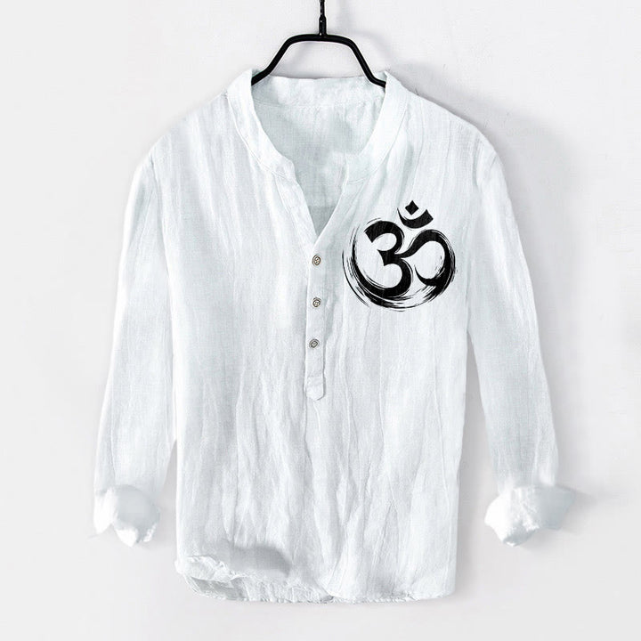 Koszula męska z długim rękawem z bawełny i lnu z motywem symbolu Om i Buddha Stones - Biały - US/UK/AU50, EU60 (5XL) - image 6