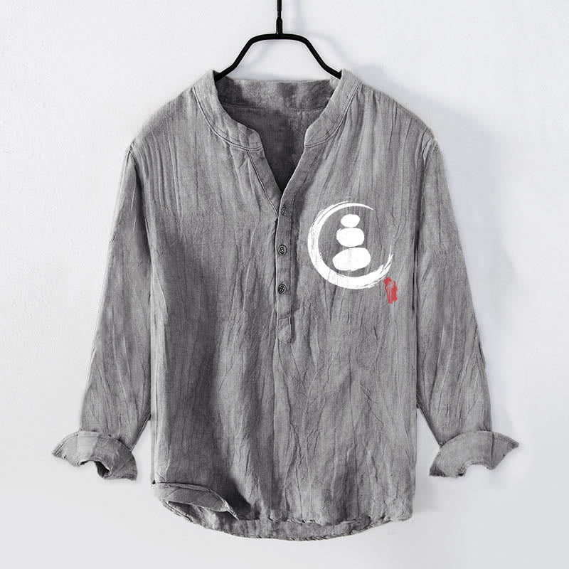 Koszula męska z długim rękawem z bawełny i lnu z motywem kamieni Buddha Stones i kamieni zen, zapinana na pół guziki - Szary - US/UK/AU50, EU60 (5XL) - image 0