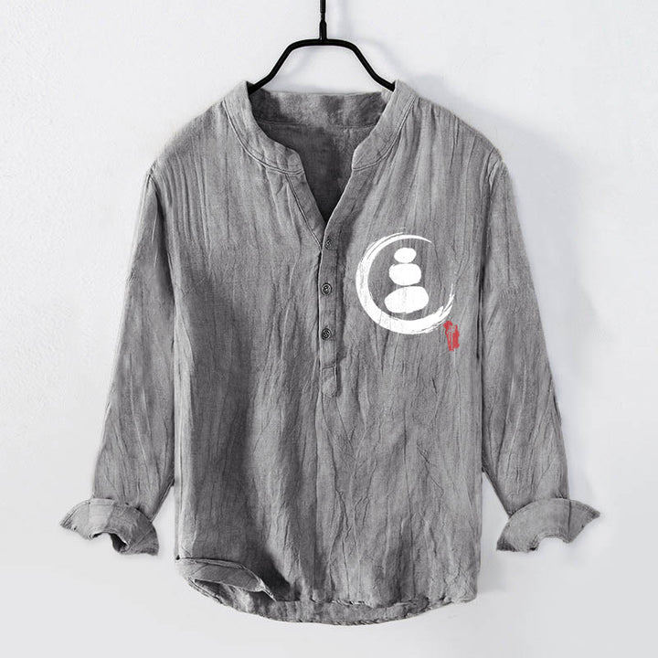 Koszula męska z długim rękawem z bawełny i lnu z motywem kamieni Buddha Stones i kamieni zen, zapinana na pół guziki - Szary - US/UK/AU50, EU60 (5XL) - image 0