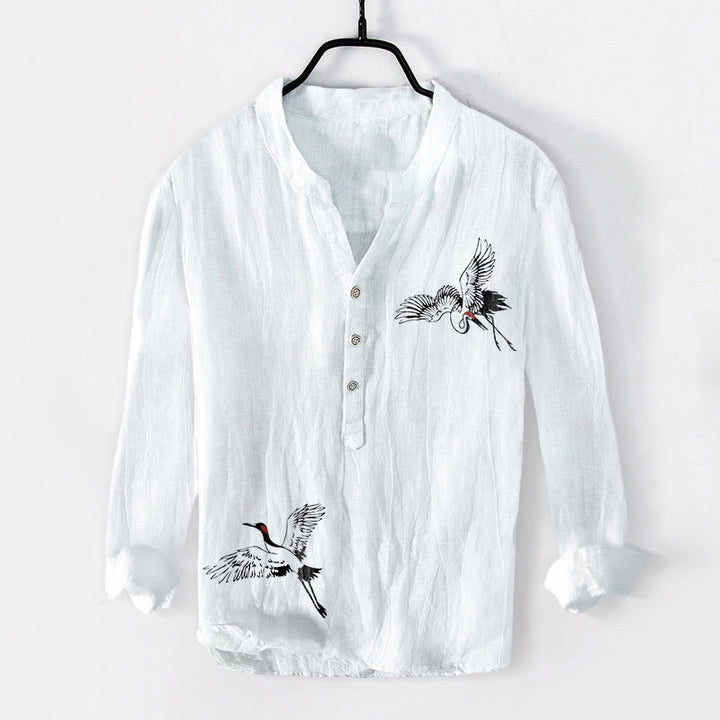 Koszula męska z długim rękawem z bawełny i lnu z motywem żurawia mandżurskiego i Buddha Stones - Biały - US/UK/AU50, EU60 (5XL) - image 0