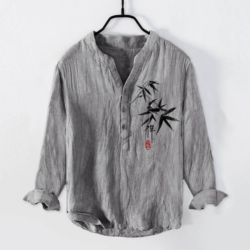 Koszula męska z długim rękawem z bawełny i lnu z motywem kamieni Buddha Stones, bambusa i zen, zapinana na pół guziki - Szary - US/UK/AU50, EU60 (5XL) - image 3