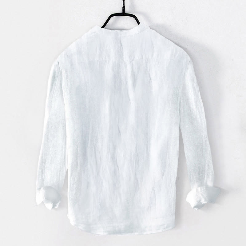 Koszula męska z długim rękawem z bawełny i lnu, z motywem Buddha Stones , z półguzikami i wzorem żurawia mandżurskiego - image 7