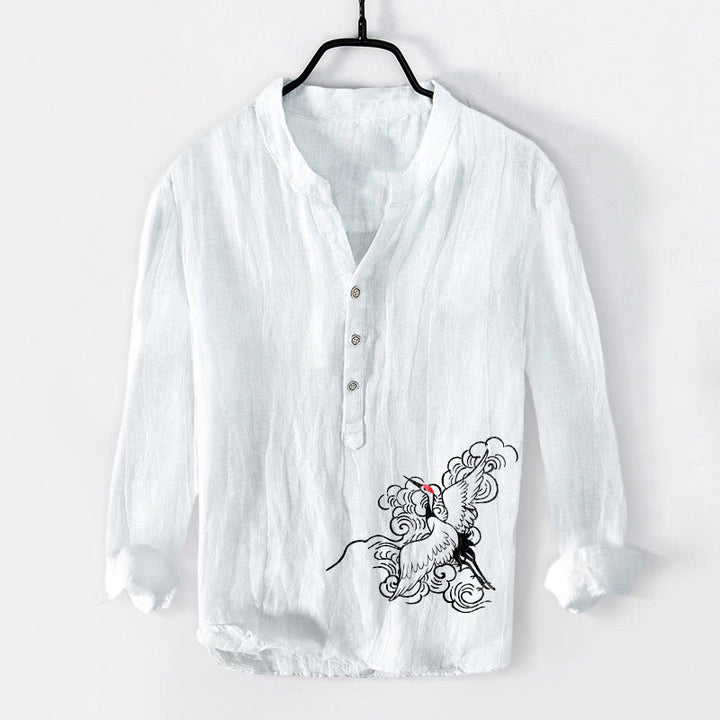 Koszula męska z długim rękawem z bawełny i lnu, z motywem Buddha Stones , z półguzikami i wzorem żurawia mandżurskiego - Biały - US/UK/AU50, EU60 (5XL) - image 6