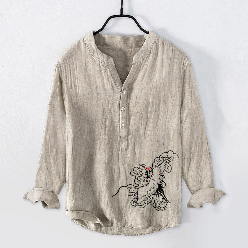 Koszula męska z długim rękawem z bawełny i lnu, z motywem Buddha Stones , z półguzikami i wzorem żurawia mandżurskiego - Bielizna - US/UK/AU50, EU60 (5XL) - image 0