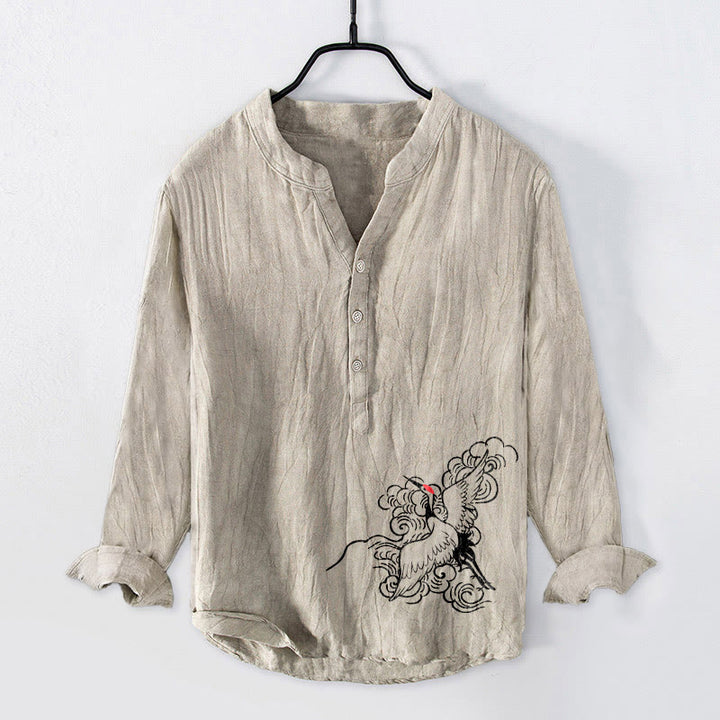 Koszula męska z długim rękawem z bawełny i lnu, z motywem Buddha Stones , z półguzikami i wzorem żurawia mandżurskiego - Bielizna - US/UK/AU50, EU60 (5XL) - image 0