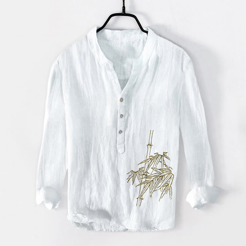 Koszula męska z długim rękawem z bawełny i lnu z motywem Buddha Stones bambusa, zapinana na pół guziki - Biały - US/UK/AU50, EU60 (5XL) - image 0