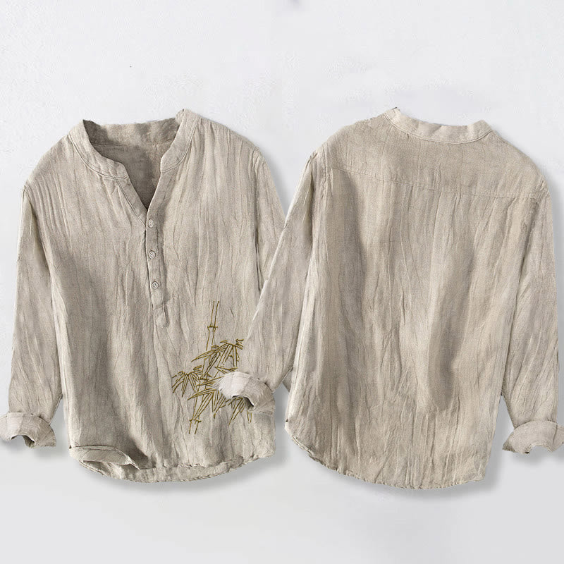 Koszula męska z długim rękawem z bawełny i lnu z motywem Buddha Stones bambusa, zapinana na pół guziki - image 8