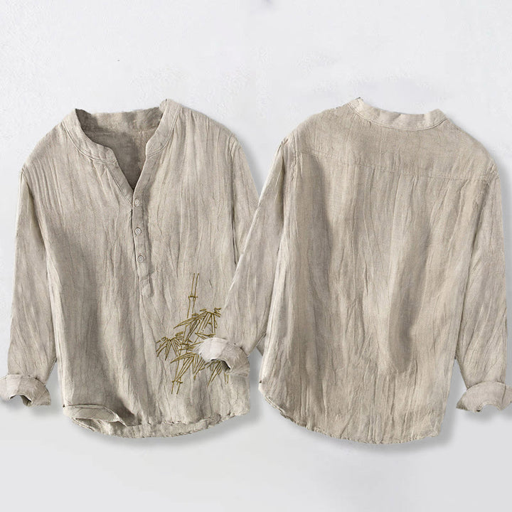 Koszula męska z długim rękawem z bawełny i lnu z motywem Buddha Stones bambusa, zapinana na pół guziki - image 8