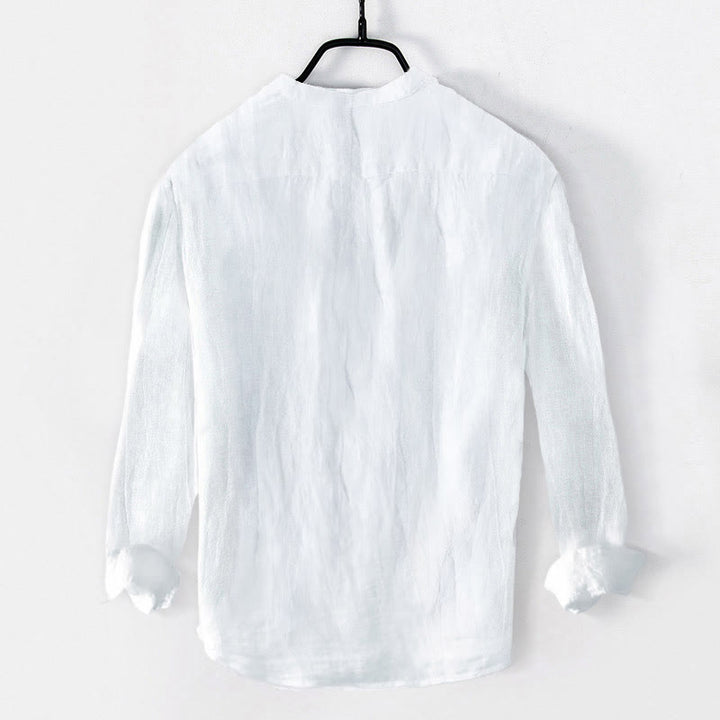 Koszula męska z długim rękawem z bawełny i lnu z motywem zielonych liści bambusa i Buddha Stones zapinana na pół guziki - image 7