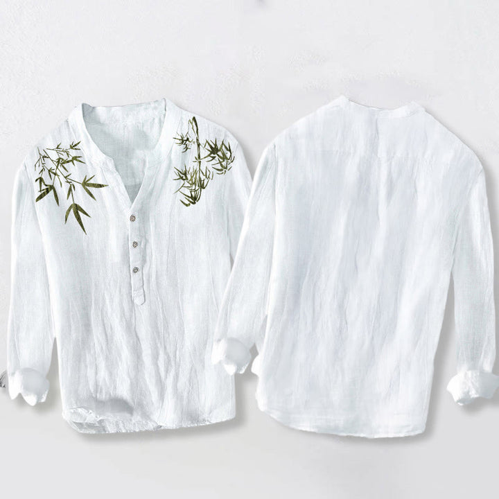 Koszula męska z długim rękawem z bawełny i lnu z motywem zielonych liści bambusa i Buddha Stones zapinana na pół guziki - image 8