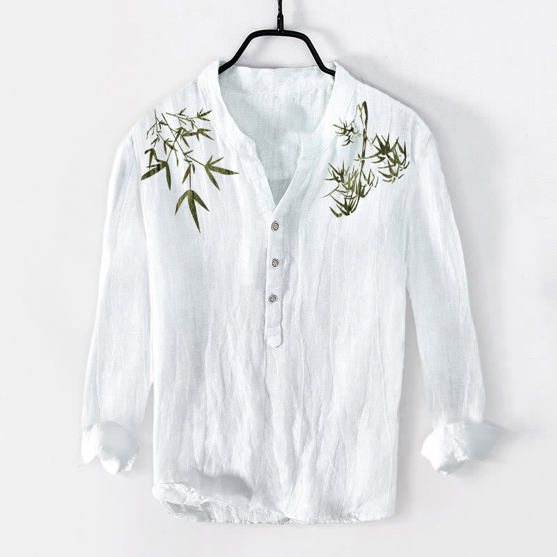 Koszula męska z długim rękawem z bawełny i lnu z motywem zielonych liści bambusa i Buddha Stones zapinana na pół guziki - Biały - US/UK/AU50, EU60 (5XL) - image 6