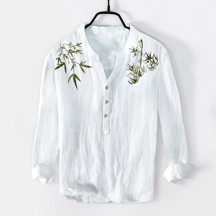 Koszula męska z długim rękawem z bawełny i lnu z motywem zielonych liści bambusa i Buddha Stones zapinana na pół guziki - Biały - US/UK/AU50, EU60 (5XL) - image 6