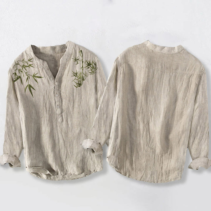 Koszula męska z długim rękawem z bawełny i lnu z motywem zielonych liści bambusa i Buddha Stones zapinana na pół guziki - image 2