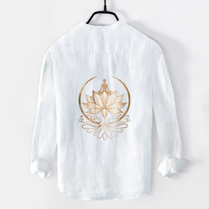 Koszula męska z długim rękawem z bawełny i lnu z motywem Buddha Stones i medytującej osoby w kształcie lotosu, zapinana na pół guziki - image 8