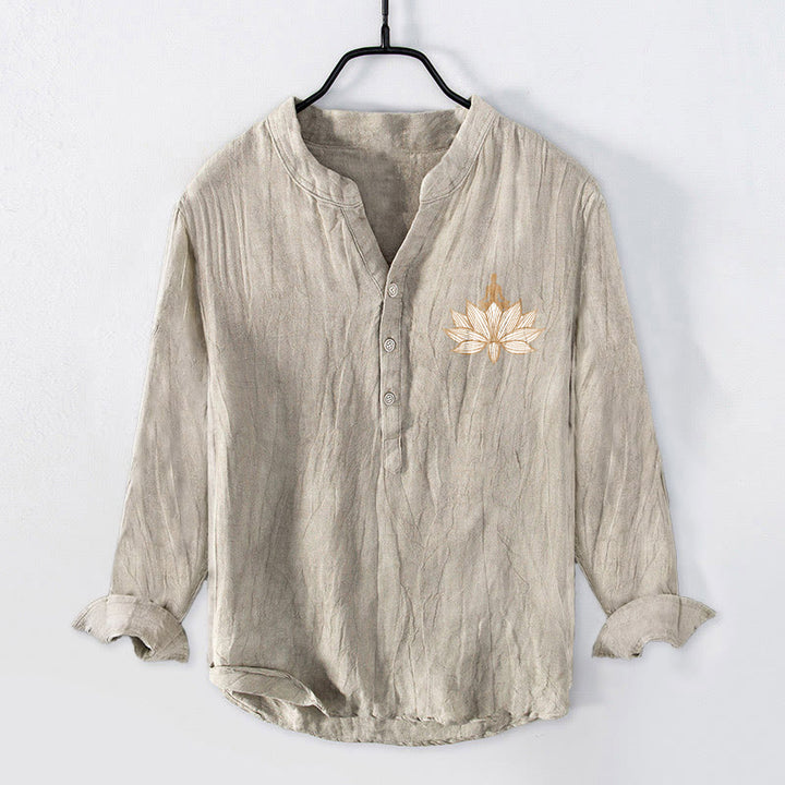 Koszula męska z długim rękawem z bawełny i lnu z motywem Buddha Stones i medytującej osoby w kształcie lotosu, zapinana na pół guziki - image 4