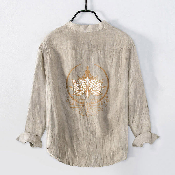 Koszula męska z długim rękawem z bawełny i lnu z motywem Buddha Stones i medytującej osoby w kształcie lotosu, zapinana na pół guziki - image 5