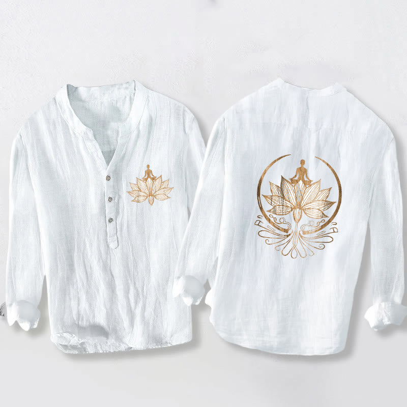 Koszula męska z długim rękawem z bawełny i lnu z motywem Buddha Stones i medytującej osoby w kształcie lotosu, zapinana na pół guziki - Biały - US/UK/AU50, EU60 (5XL) - image 6