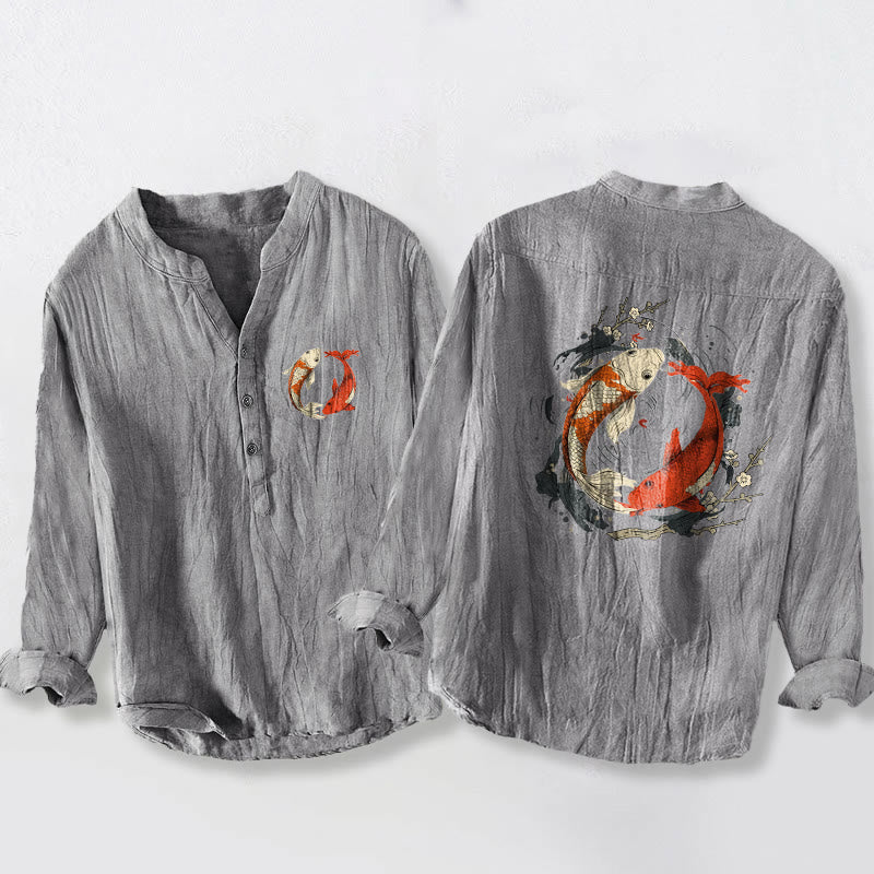 Koszula męska z długim rękawem z bawełny i lnu, z motywem yin yang i czerwonymi, białymi i kamieniami Buddha Stones - Szary - US/UK/AU50, EU60 (5XL) - image 3