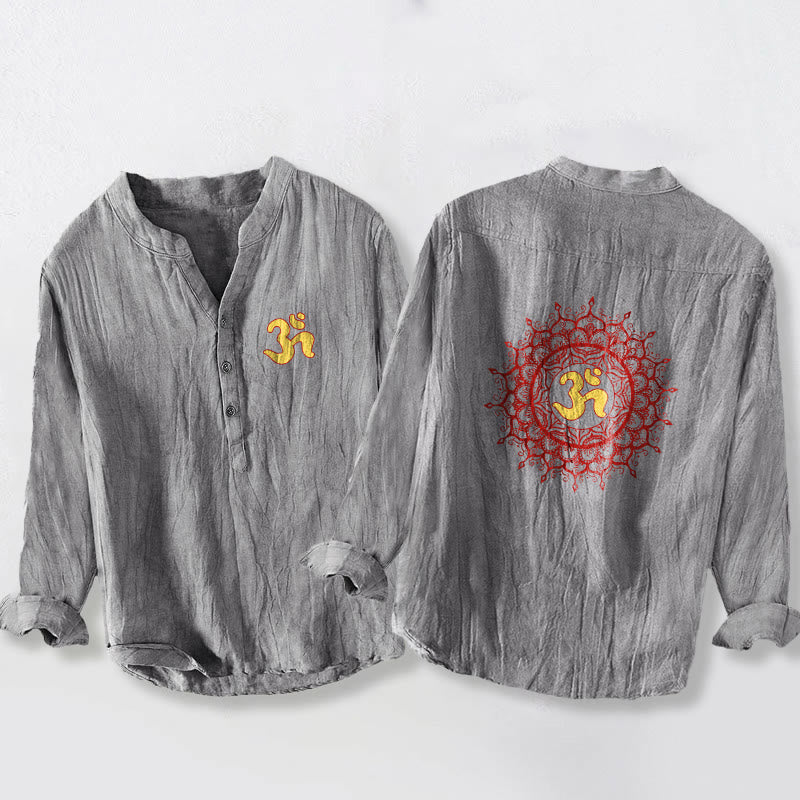 Koszula męska z długim rękawem z bawełny i lnu, z symbolem OM i Buddha Stones , z półguzikami i wzorem mandali - Szary - US/UK/AU50, EU60 (5XL) - image 6