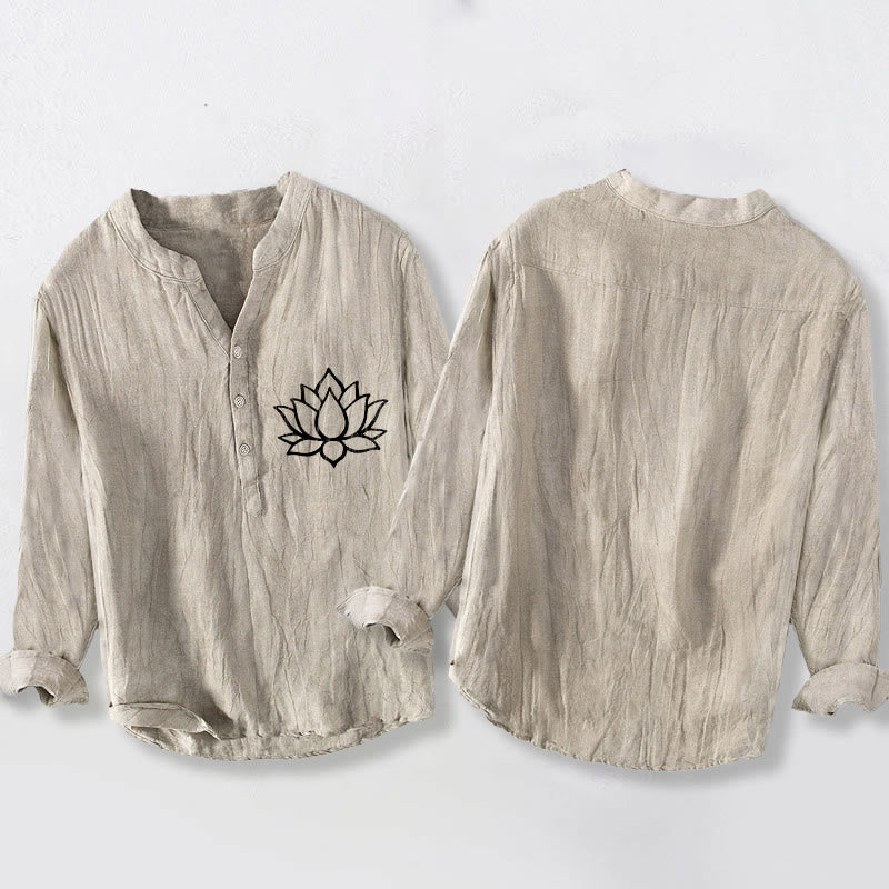 Koszula męska z długim rękawem z bawełny i lnu z motywem kwiatów lotosu i motywem Buddha Stones - image 5