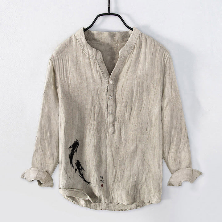 Koszula męska z długim rękawem z bawełny i lnu z motywem dwóch ryb Koi i Buddha Stones - Bielizna - US/UK/AU50, EU60 (5XL) - image 0