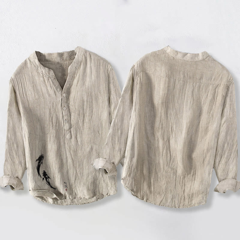 Koszula męska z długim rękawem z bawełny i lnu z motywem dwóch ryb Koi i Buddha Stones - image 2