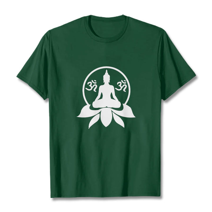 Koszulka z motywem OM i sanskryckimi mantrami z kamieniami Buddha Stones, siedzącym Buddą na kwiecie lotosu - ForestGreen - 2XL - image 0