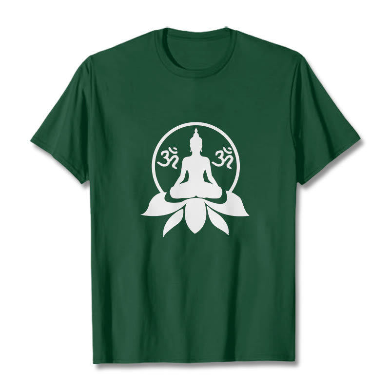 Koszulka z motywem OM i sanskryckimi mantrami z kamieniami Buddha Stones, siedzącym Buddą na kwiecie lotosu - ForestGreen - 2XL - image 0