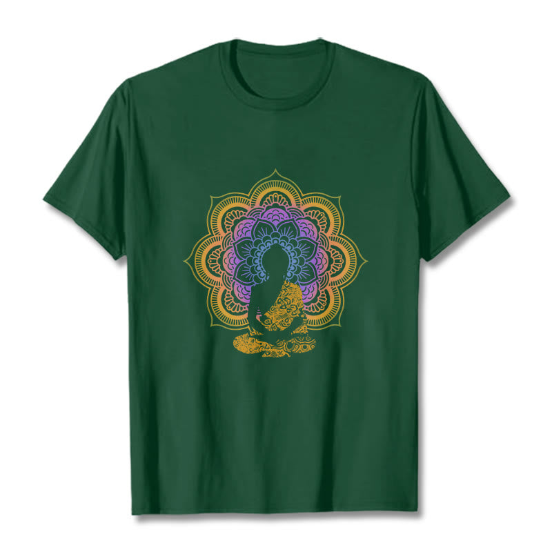 Koszulka z wielokolorowym wzorem mandali z motywem siedzącego Buddy z Buddha Stones - ForestGreen - 2XL - image 12