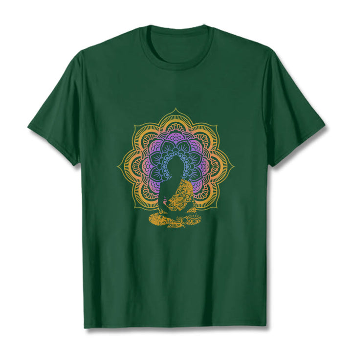 Koszulka z wielokolorowym wzorem mandali z motywem siedzącego Buddy z Buddha Stones - ForestGreen - 2XL - image 12
