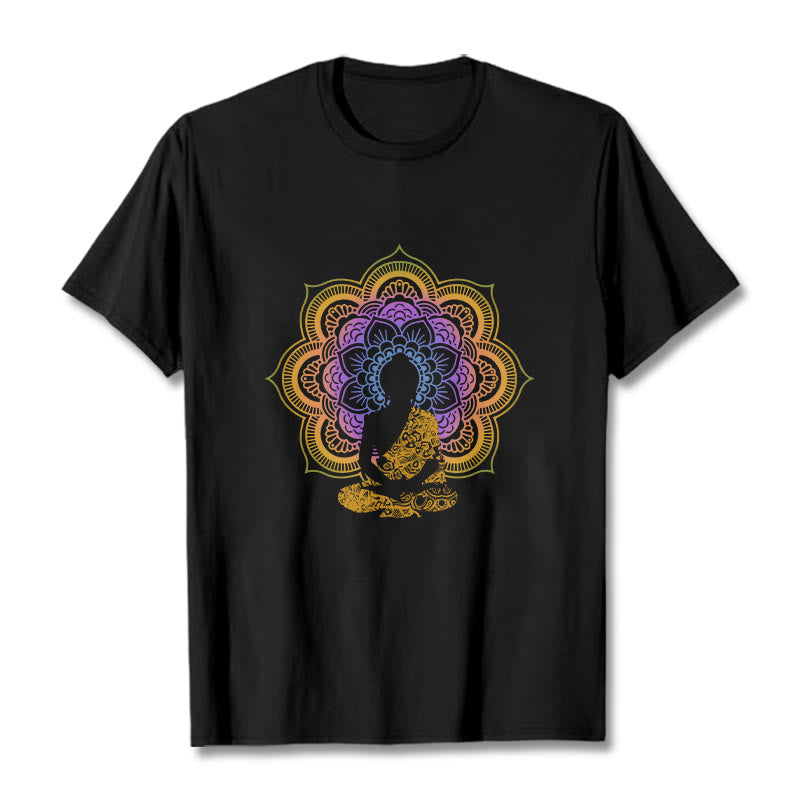 Koszulka z wielokolorowym wzorem mandali z motywem siedzącego Buddy z Buddha Stones - Czarny - 2XL - image 0